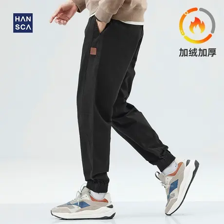 hansca运动休闲裤男秋冬款加厚青少年潮流百搭黑色加绒束脚工装裤商品大图