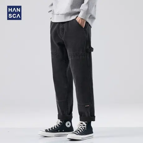 hansca工装牛仔裤男潮牌秋季直筒宽松水洗大码休闲运动锥形长裤子商品大图
