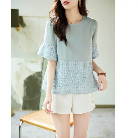 宝诗黎圆领蕾丝拼接钉珠雪纺衫2024夏季新款五分袖时尚宽松上衣女商品大图