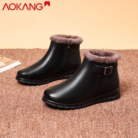 奥康2023新款平底雪地靴女秋冬加绒保暖中老年真皮短靴子妈妈棉鞋商品大图