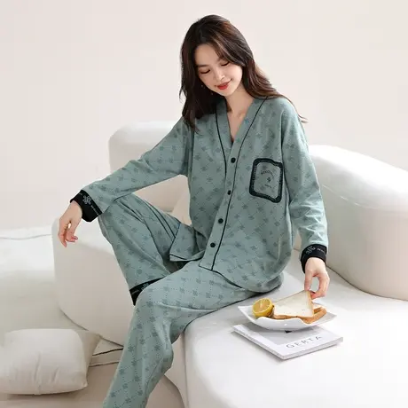 婷美秋冬天睡衣女新款纯棉长袖开衫休闲简约外穿家居服套装春秋季商品大图