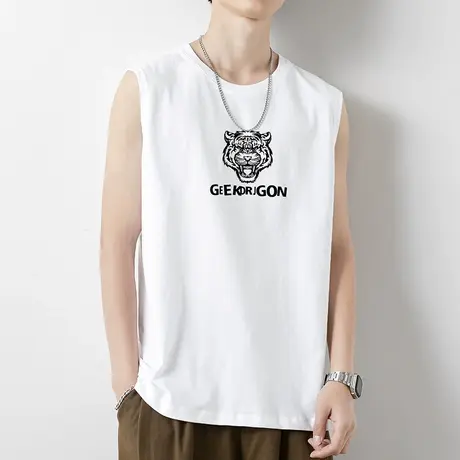 2023新款夏季纯棉无袖t恤男士背心宽肩运动坎肩虎头篮球跨栏健身图片