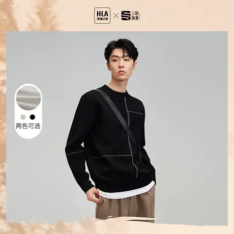 HLA/海澜之家三国长袖针织衫秋冬圆领套头保暖加厚黑色毛衣男款图片