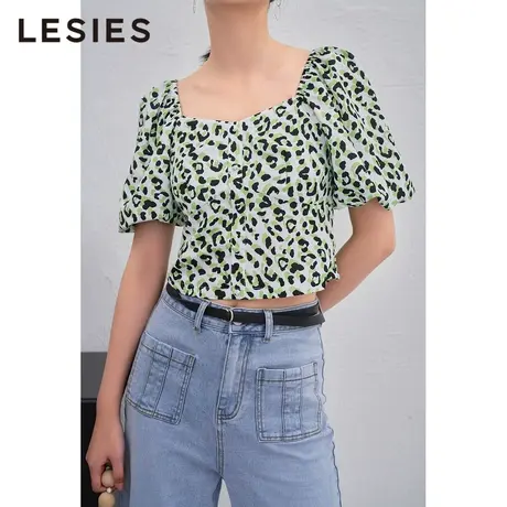 LESIES蓝色倾情春夏女装线下专柜豹纹短款泡泡袖舒适方领上衣图片