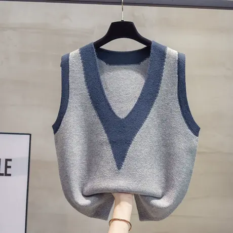 拼色v领针织马甲背心女2023秋装新款宽松外穿马夹外搭毛衣坎肩潮商品大图
