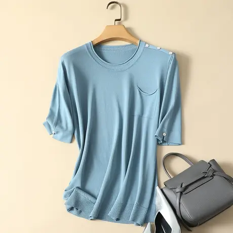 冰丝针织衫短袖t恤女2023春夏新款圆领宽松显瘦薄款打底衫女上衣图片