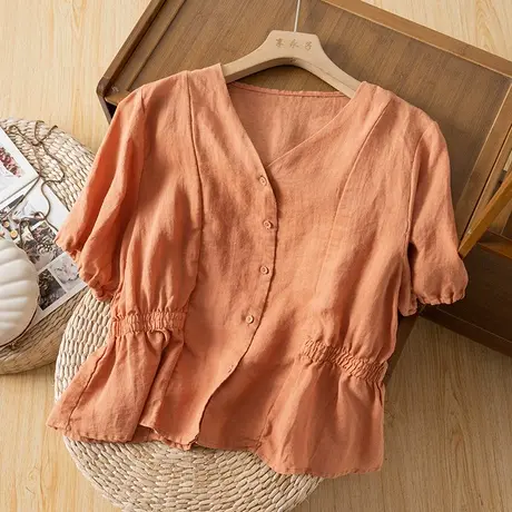 享永子短袖亚麻上衣女文艺复古宽松收腰棉麻小衫气质短款2023新款图片