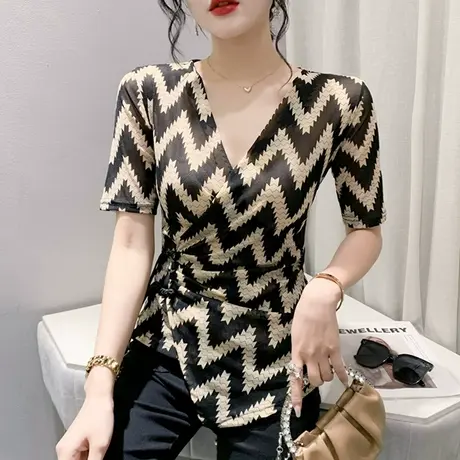 性感交叉V领T恤女短袖不规则开叉洋气网纱上衣漂亮印花修身小衫夏商品大图