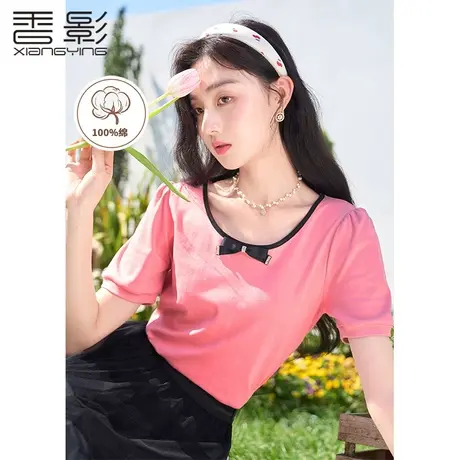 香影短袖t恤女纯棉2023夏装新款蝴蝶结低圆领减龄粉色泡泡袖上衣商品大图