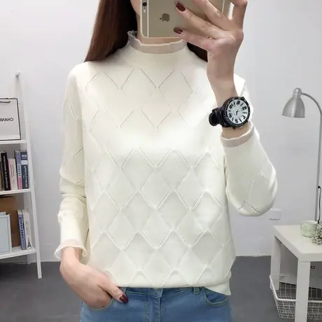 半高领蕾丝拼接套头毛衣女短款长袖针织打底衫洋气百搭外穿上衣女商品大图