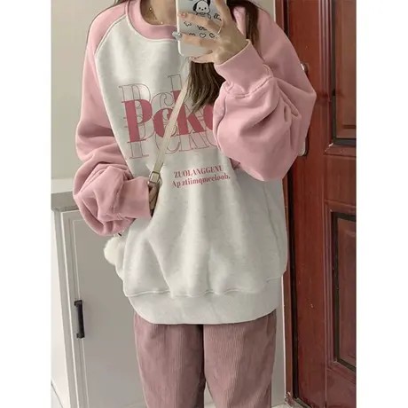 拼色卫衣女秋冬2023新款爆款美式复古插肩袖撞色慵懒风无帽上衣潮图片