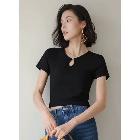 弥古黑色t恤女夏季薄款冰丝短袖修身短款上衣高级感法式镂空体恤商品大图
