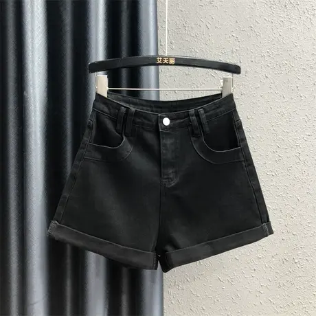 欧货2023秋季新款简约时尚百搭黑色牛仔短裤女宽松显瘦阔腿裤靴裤商品大图