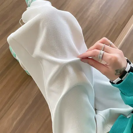 白色阔腿运动裤女2023春秋新款高腰宽松显瘦百搭休闲束脚两穿卫裤图片