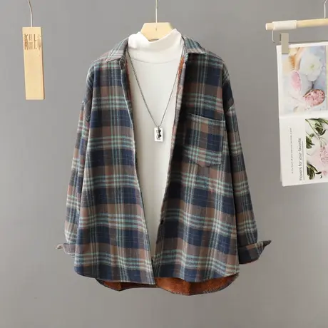 加绒加厚冬季衬衫外套女宽松大码休闲格子衬衣秋冬保暖中长款上衣图片