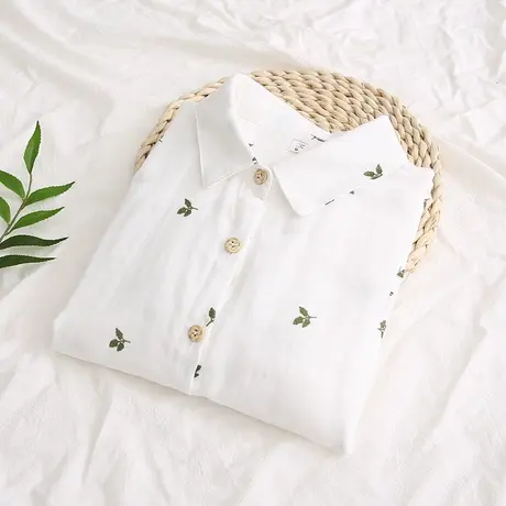 2019春秋新款日系小清新文艺树叶印花双层棉纱白色长袖衬衫女衬衣图片