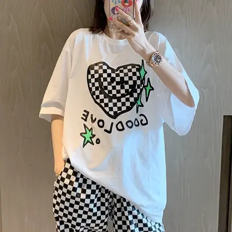 美式复古纯棉正肩短袖t恤女夏季宽松半袖ins潮牌设计感小众上衣服商品大图