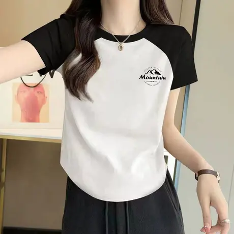 不规则插肩袖撞色正肩女t恤2023夏季新款修身短款小众设计感上衣图片