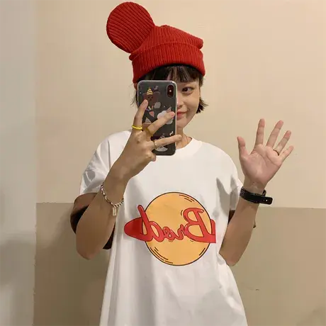 红续韩版复古短袖T恤女2023新款小个子宽松显瘦印花撞色拼接上衣商品大图