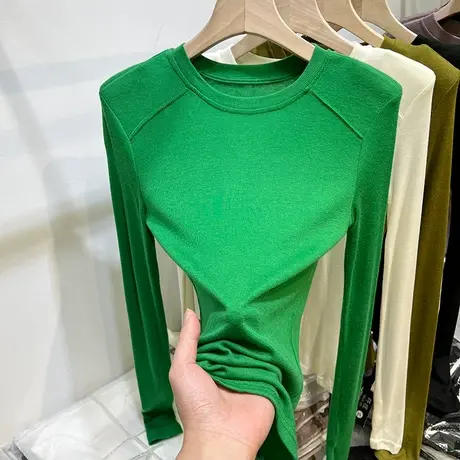 欧货轻薄款针织长袖T恤女2023春装新款洋气修身垫肩打底衫上衣潮商品大图
