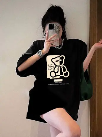 黑色防棉短袖t恤女2023新款夏季欧货小众设计感宽松显瘦体恤上衣商品大图