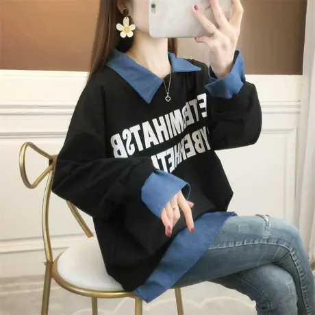 娃娃领卫衣女春秋韩版宽松bf慵懒风ins薄款翻领假两件上衣外套潮图片