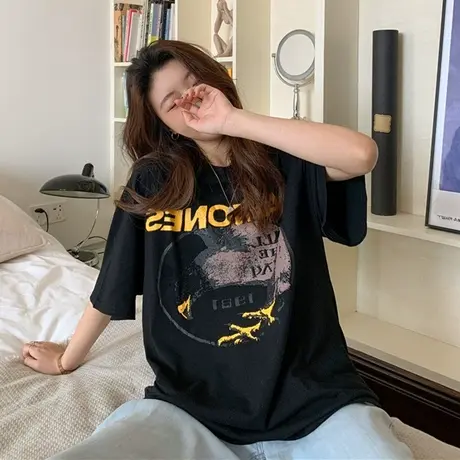 纯棉美式复古短袖t恤女2023春夏新款国潮设计感炸街宽松大码上衣图片