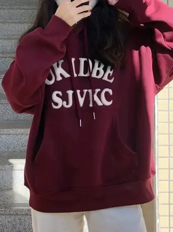 连帽加绒加厚卫衣女大码秋冬新款2022慵懒宽松美式复古酒红色外套图片