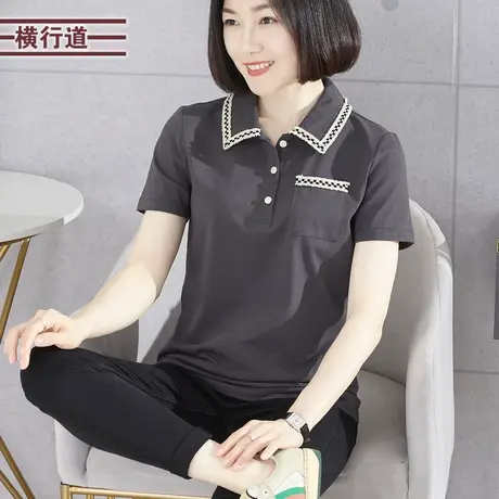 翻领拼织带宽松短袖2023新款夏装T恤简约纯色大码口袋外穿女上衣商品大图