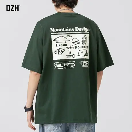 男士墨绿色短袖男款夏季潮牌宽松半袖上衣圆领纯棉t恤美式体恤衫商品大图