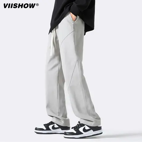 VIISHOW浅灰色直筒裤子男士春秋季潮牌休闲运动裤宽松抽绳长裤商品大图