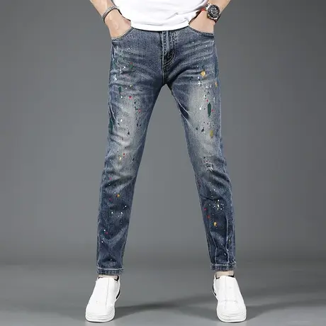 高街印花牛仔裤男夏季2023新款修身小脚弹力潮牌男士休闲薄款裤子商品大图