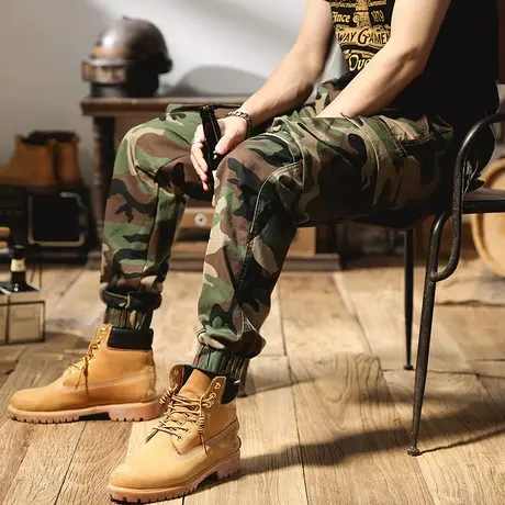 复古军绿迷彩裤宽松束脚裤休闲运动多口袋工装裤男长裤潮户外大码商品大图