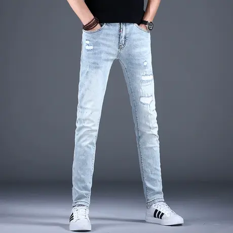 男士破洞牛仔裤男款秋款季高端潮牌2023新款美式潮流长裤子浅蓝色商品大图