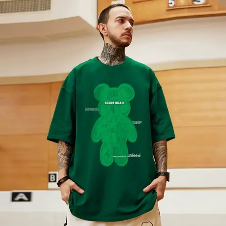 卡通小熊短袖男街头潮流小众百搭纯棉橄榄绿重磅t恤情侣大码半袖图片