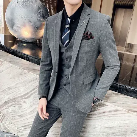 西服套装男士三件套结婚礼服休闲正装帅气青年小西装韩版修身潮流商品大图