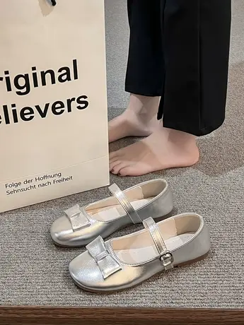 复古银色法式玛丽珍单鞋女2023夏款平底浅口女鞋仙女风百搭芭蕾鞋商品大图