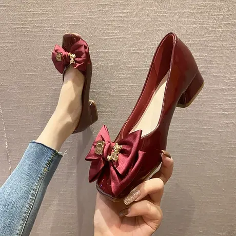 粗跟单鞋女2023春季新款百搭浅口低跟方头蝴蝶结四季鞋瓢鞋豆豆鞋商品大图