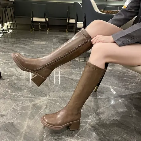 高筒长靴女2023秋新款复古气质粗跟增高瘦瘦靴显腿长不过膝骑士靴图片