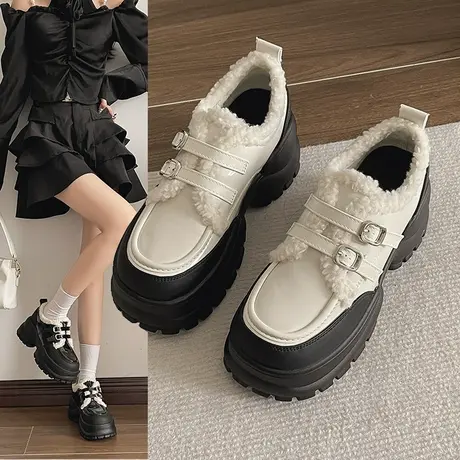 厚底毛毛鞋女加绒小皮鞋2023新款保暖雪地棉鞋法式英伦增高乐福鞋图片