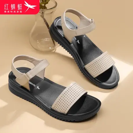 红蜻蜓凉鞋女夏季防滑软底魔术贴老人鞋舒适平底真皮中年妈妈凉鞋商品大图