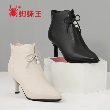 蜘蛛王女鞋季新款真皮蝴蝶结尖头棉短靴女牛皮加绒保暖高跟鞋子图片