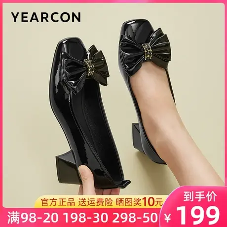 意尔康女鞋2023秋季新款真皮漆皮高跟鞋女方头蝴蝶结粗跟单鞋中跟商品大图