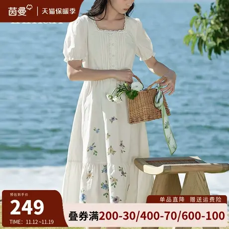 茵曼旗舰店法式方领连衣裙女2023夏季新款高腰显瘦印花a字裙长裙商品大图