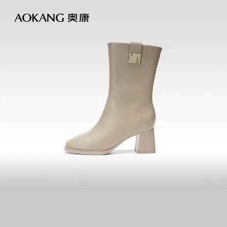 【门店发货】奥康女鞋 2023冬季新款优雅气质时装靴高跟中筒靴商品大图