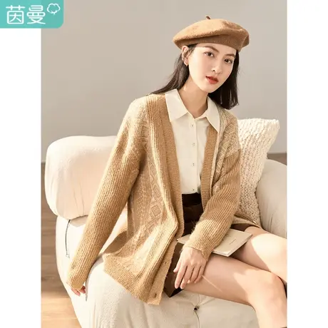 【商场同款】茵曼冬女装新款经典纹样提花V领开衫宽松毛衣图片