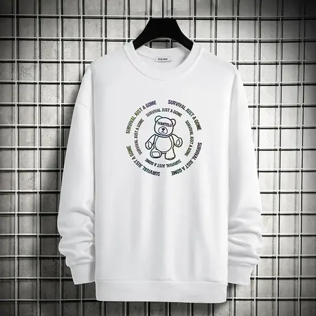 圆领卫衣男士宽松潮流百搭春秋款加绒无帽上衣服小熊白色长袖t恤商品大图