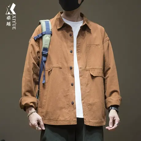 设计感工装牛仔衬衫男黄色春秋宽松大码复古水洗耐磨纯棉衬衣外套图片