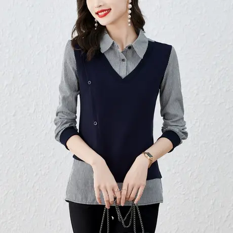 假两件长袖衬衫秋装2023新款时尚气质减龄女士打底衫磨毛条纹衬衣商品大图