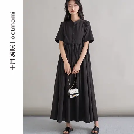 十月妈咪孕妇小立领短袖连衣裙2025新款夏季外穿宽松遮肚小黑裙商品大图